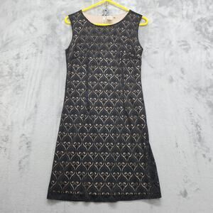 Miss Pinky Dress Women M Black Beige Burnout Lace Overlay Sleeveless Sheath Midi